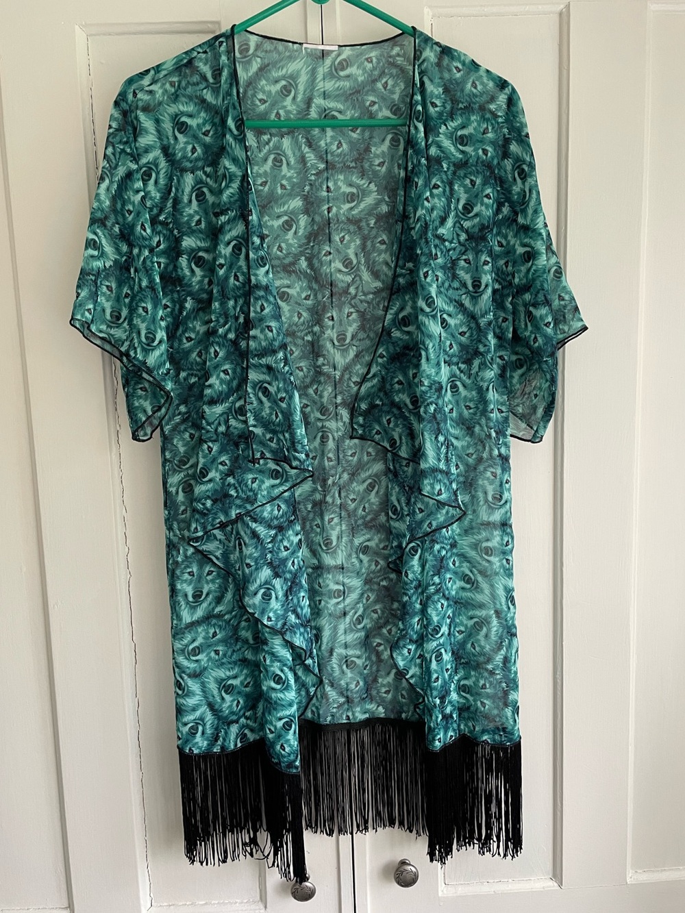 Teal Wolf Wolves Sheer Print Tunic Kimono Black Fringe Duster Boho Swim Cover OS